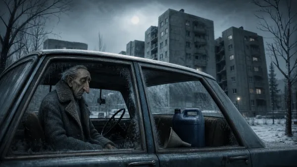 Håkan sits in a frozen 1980s sedan with a blue plastic acid canister as Blackeberg apartment blocks loom behind him.