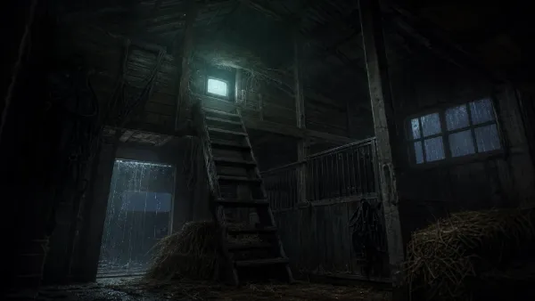 A steep wooden ladder rises into a dark horse barn loft lit by a cold cyan television glow.