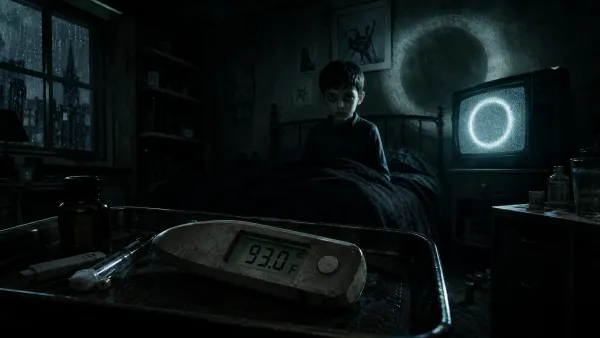 A digital thermometer reading 93.0 F sits before a pale boy and a glowing CRT television in a dark bedroom.