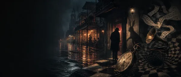 Rain-darkened 1919 New Orleans street with jazz, a pocket watch, a rabbit shadow, and a checkerboard descent