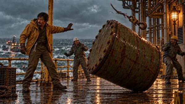 Rafiq Ansari warns workers as a cargo drum falls onto the rain-soaked platform deck.