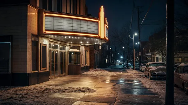 A snowy 1950s-style Chicago movie theater street at night, representing the Grimes sisters cold case.