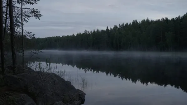 A dark Finnish lake surrounded by pine and birch forest at cold summer twilight, representing the Lake Bodom murders.