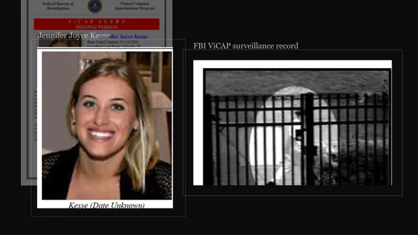 Official FBI ViCAP alert imagery for Jennifer Joyce Kesse beside the fence-post surveillance still from her case.