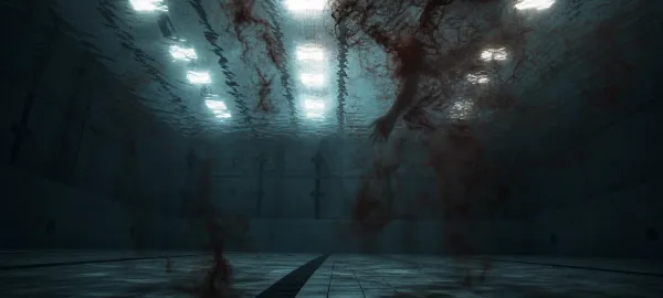 An underwater view of a municipal swimming pool with fluorescent lights above and dark red ribbons drifting through blue water.