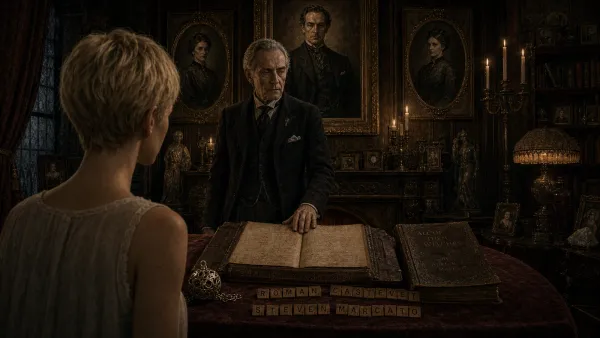 Roman Castevet confronts Rosemary Woodhouse across a Bramford ledger as Scrabble tiles reveal the Steven Marcato anagram.