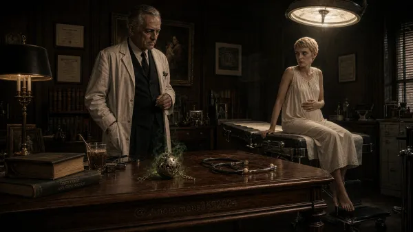 Dr. Abraham Sapirstein watches Rosemary Woodhouse from a high-society medical office as a silver charm ball smolders on a mahogany desk.