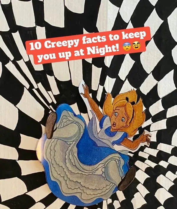 Alice falling through a black-and-white checkerboard tunnel on the 10 Creepy Facts to Keep You Up at Night series cover.