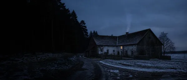 Isolated 1922 Bavarian farm at blue hour with a smoking chimney and a dark forest path